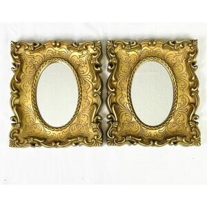 Vintage 1976 Pair Set of Burwood 1630 A Homco Gold Framed Oval Mirrors